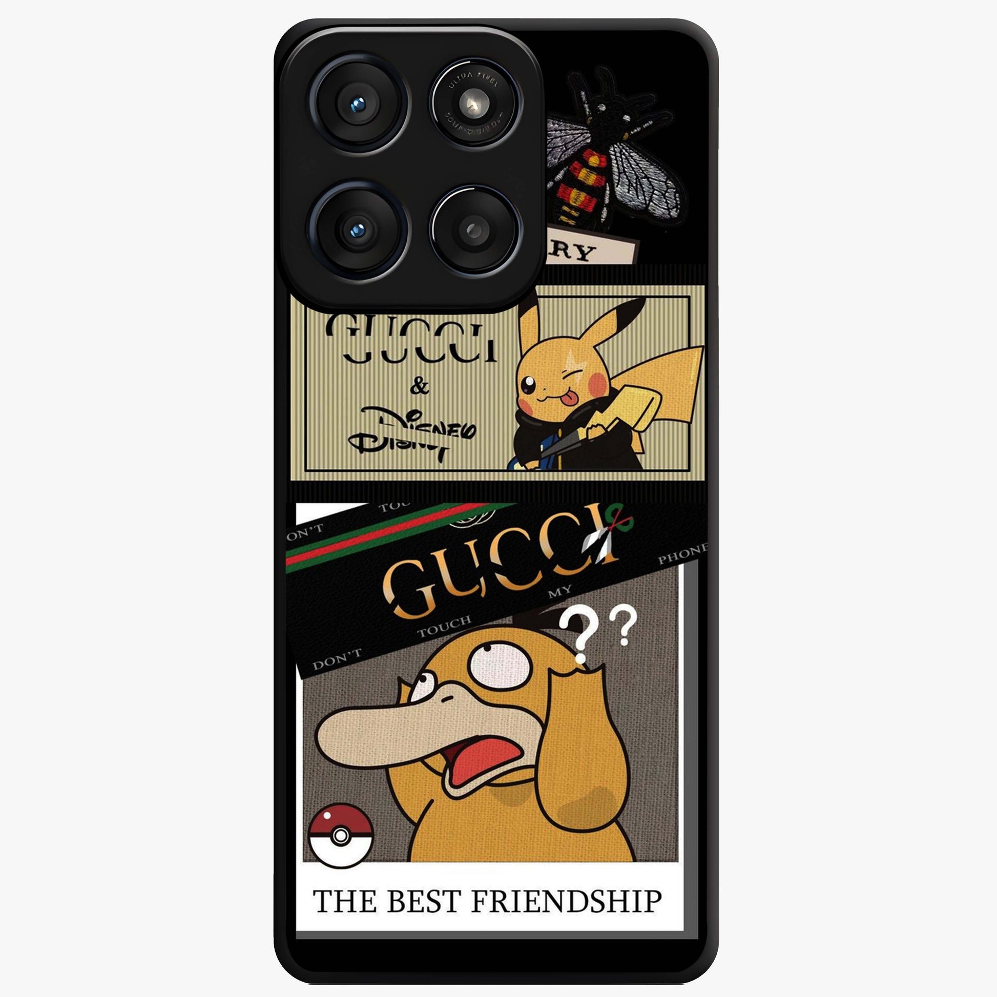 Gucci Play Mashup Glass Case showing flat back view with luxury inspired graphic artwork and glossy glass finish.