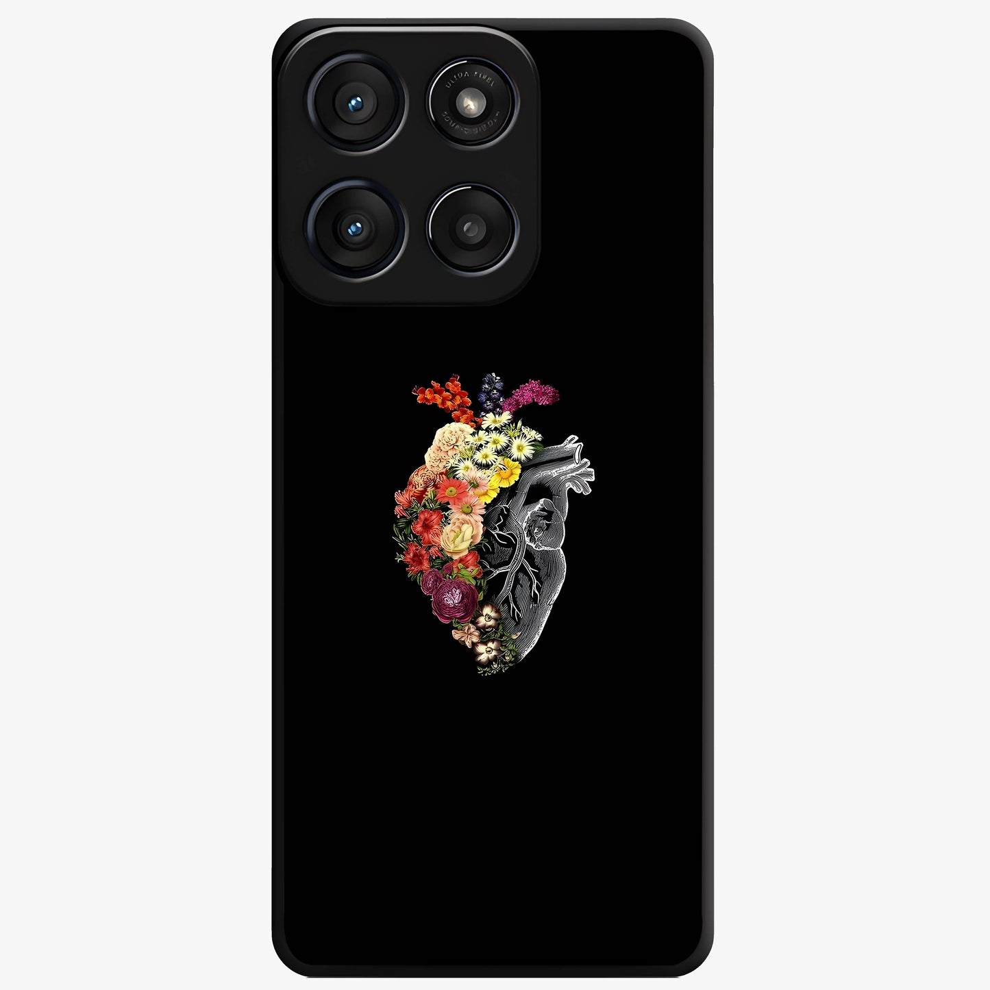 Heart With Flowers Glass Case showing flat back view with heart shaped floral artwork and glossy glass finish.