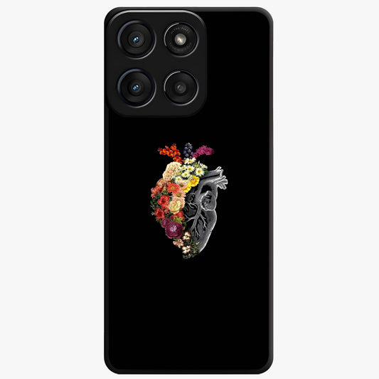 Heart With Flowers Glass Case showing flat back view with heart shaped floral artwork and glossy glass finish.