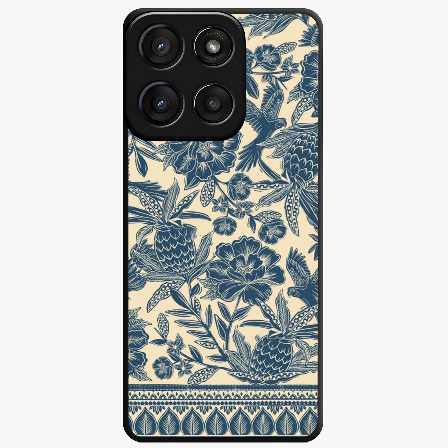 Heirloom Wild Bloom Glass Case showing flat back view with vintage inspired wild flower artwork and glossy glass finish.