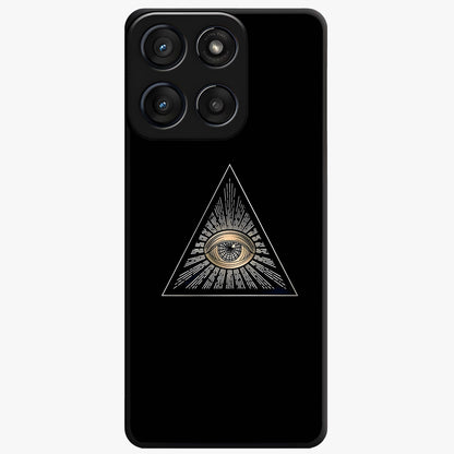 Illuminati Evil Glass Case showing flat back view with mysterious illuminati symbol artwork and glossy glass finish.