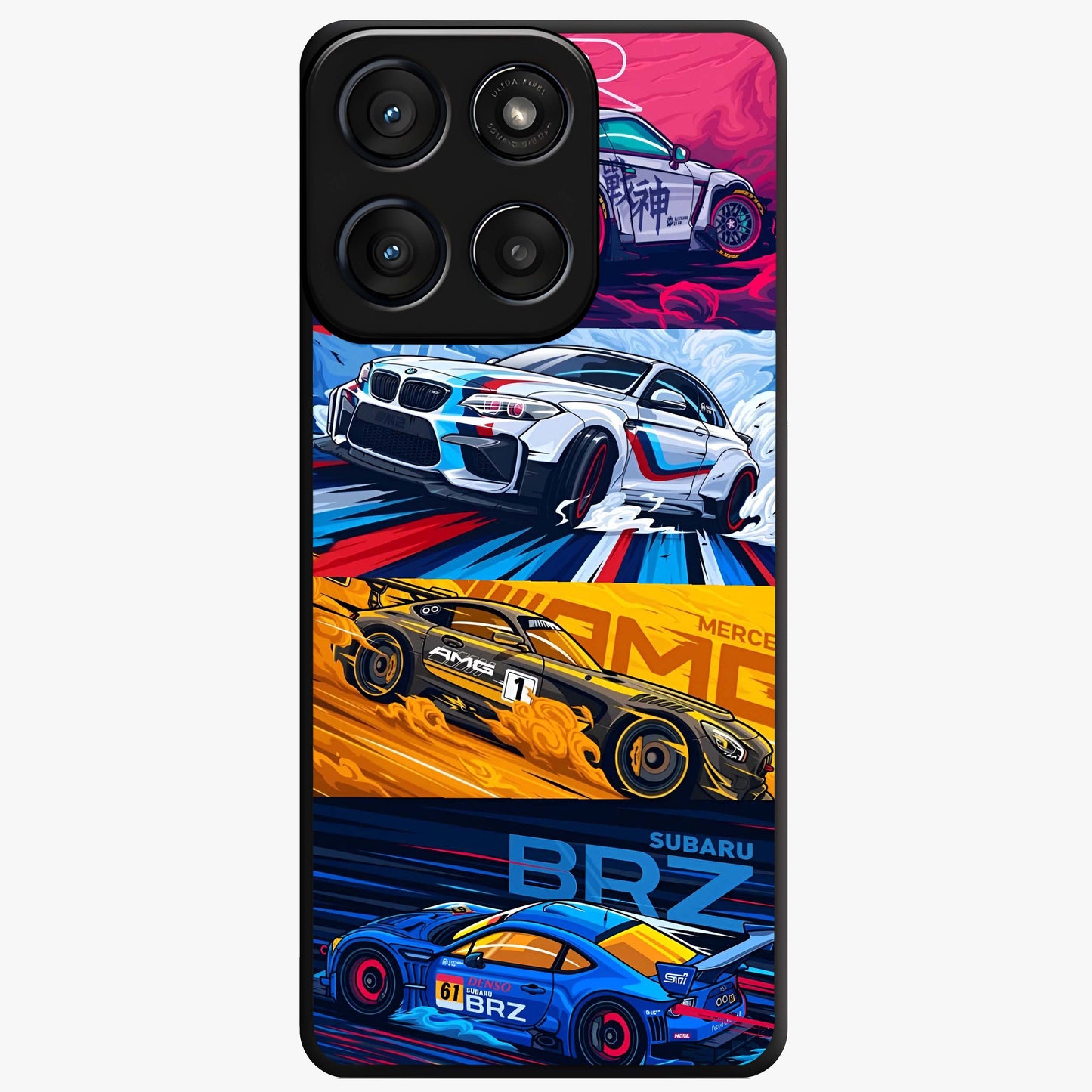 JDM Sports Car Glass Case showing flat back view with high performance sports car artwork and glossy glass finish.