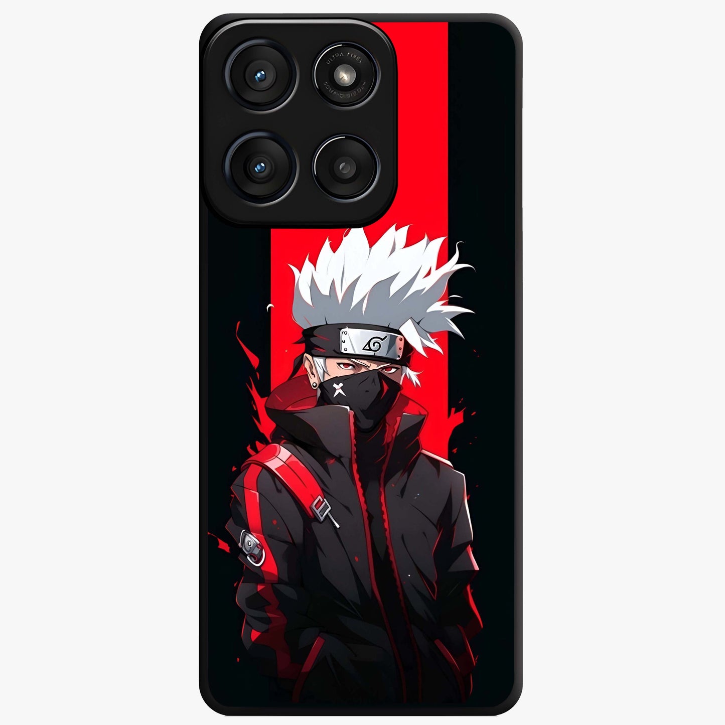 Kakashi Scarlet Shadow Glass Case showing flat back view with powerful anime ninja artwork and glossy glass finish.