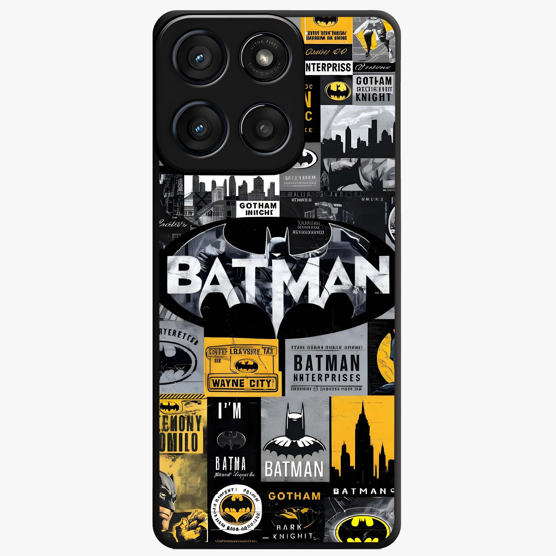 Knight Gotham Rise Glass Case showing flat back view with dark hero inspired artwork and glossy glass finish.