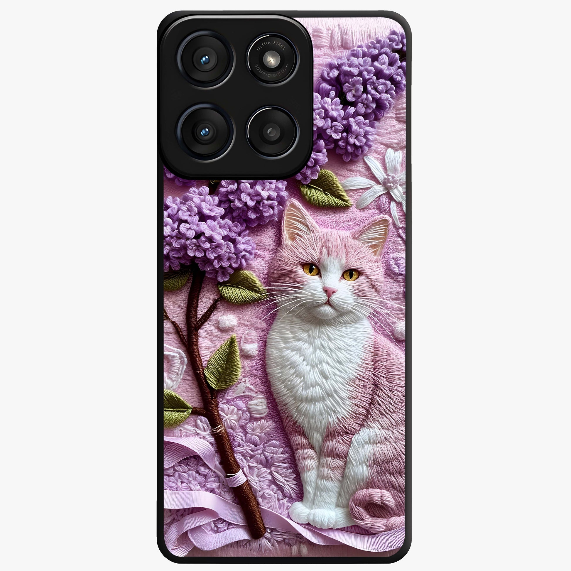Lavender Cat Whimsy Glass Case showing flat back view with cute lavender cat artwork and glossy glass finish.
