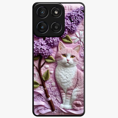 Lavender Cat Whimsy Glass Case showing flat back view with cute lavender cat artwork and glossy glass finish.