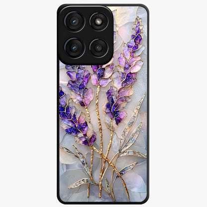Lavender Dream Glow Glass Case showing flat back view with glowing lavender aesthetic artwork and glossy glass finish.