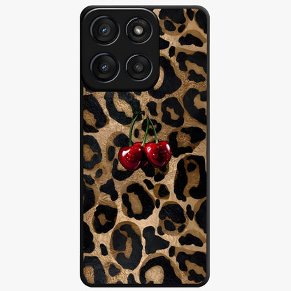 Leopard Wild Cherry Glass Case showing flat back view with leopard pattern and cherry artwork and glossy glass finish.
