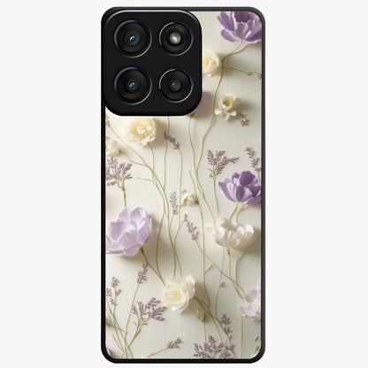 Lilac Breeze Harmony Glass Case showing flat back view with soft lilac themed artwork and glossy glass finish.