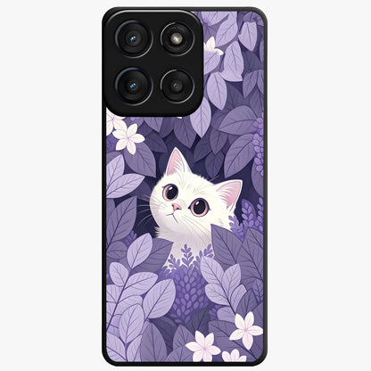 Lilac Hide Peek Cat Glass Case showing flat back view with cute peeking cat artwork and glossy glass finish.