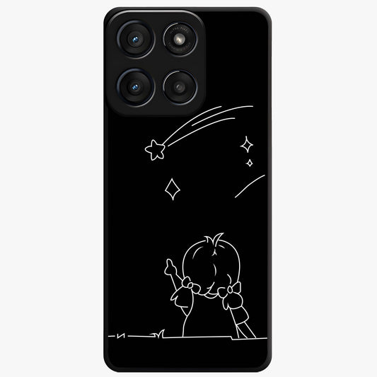 Line Art Girl With Shooting Stars Glass Case showing flat back view with minimal line art girl and shooting stars illustration and glossy glass finish.