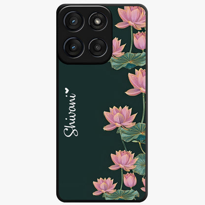 Lotus Bloom Serenity Custom Name Glass Case showing flat back view with elegant lotus flower artwork and personalized name design.
