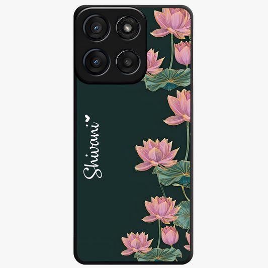 Lotus Bloom Serenity Custom Name Glass Case showing flat back view with elegant lotus flower artwork and personalized name design.