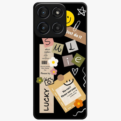 Lucky Aesthetic Collage Glass Case showing flat back view with trendy aesthetic collage artwork and glossy glass finish.