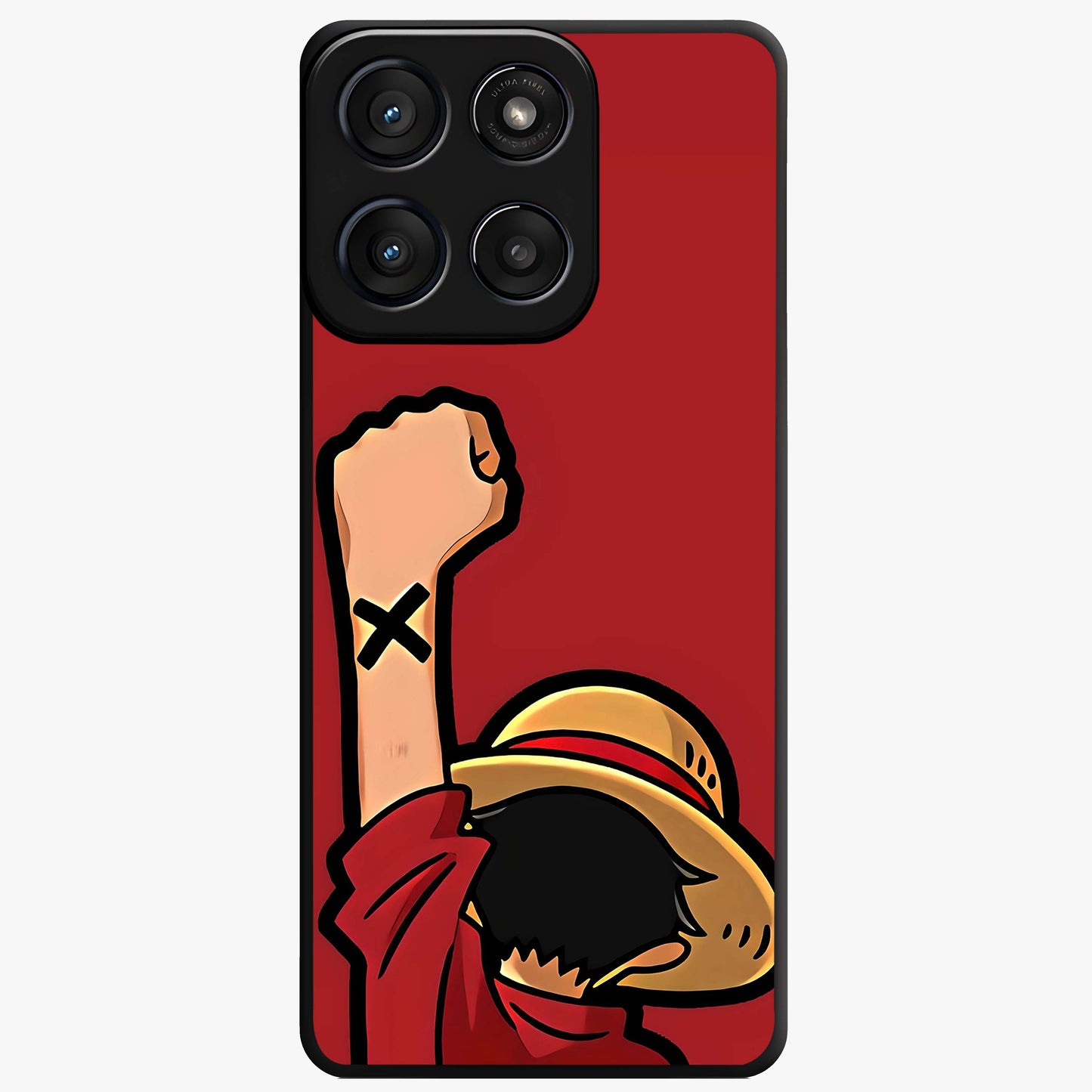 Luffy X Spirit Glass Case showing flat back view with bold anime character artwork and glossy glass finish.