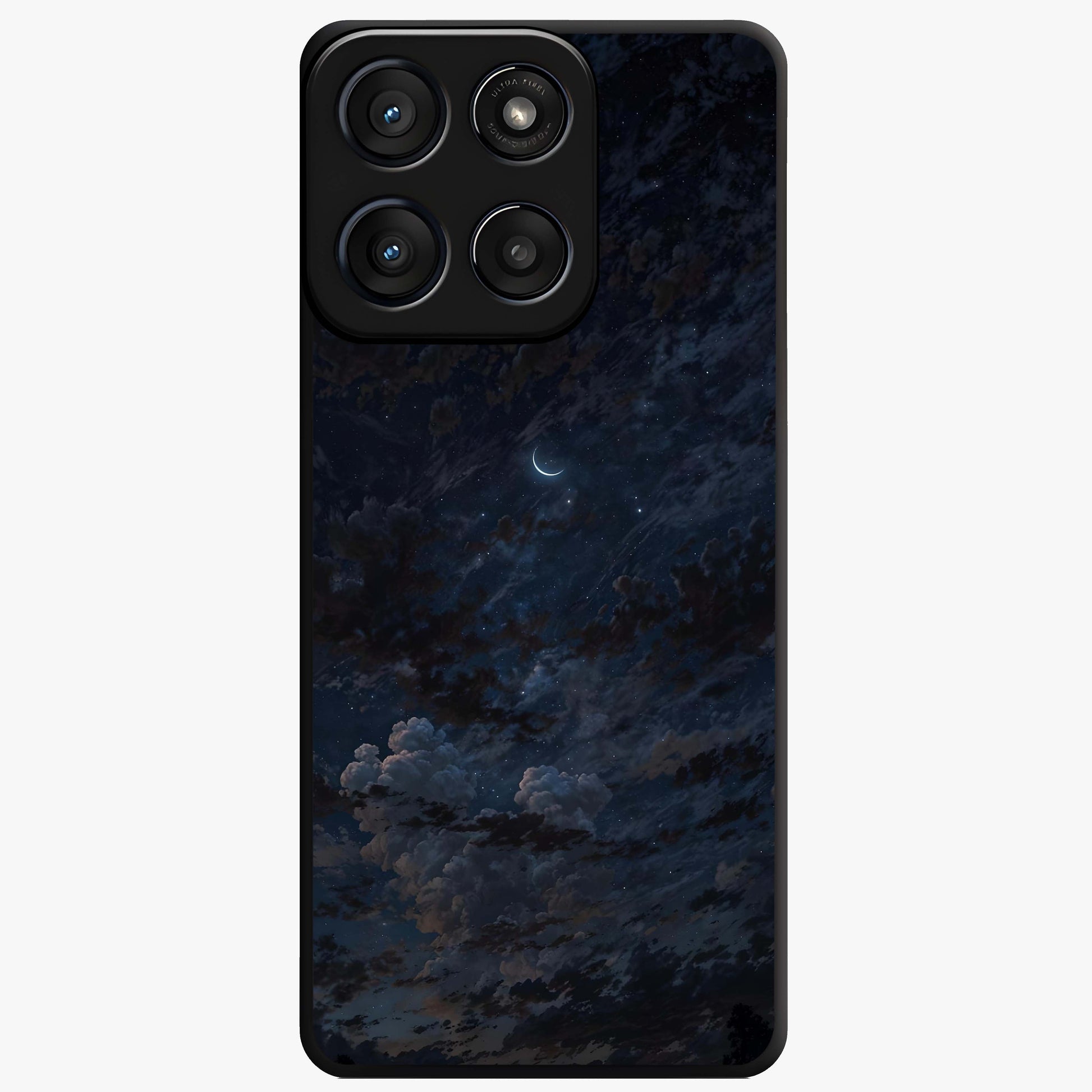 Lunar Veil Silence Glass Case showing flat back view with mystical moon veil artwork and glossy glass finish.