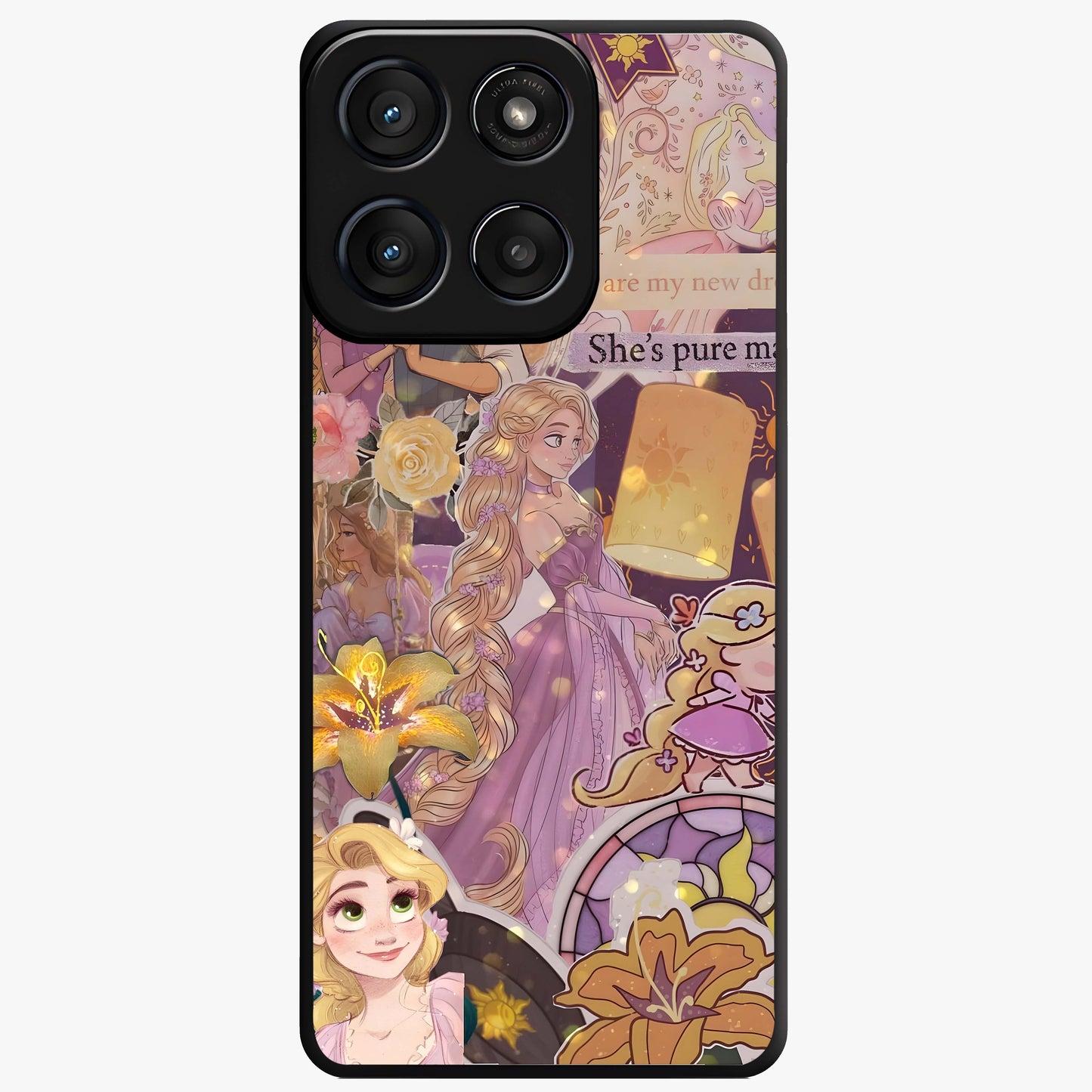 Magical Tangled Dream Glass Case showing flat back view with dreamy tangled artwork and glossy glass finish.
