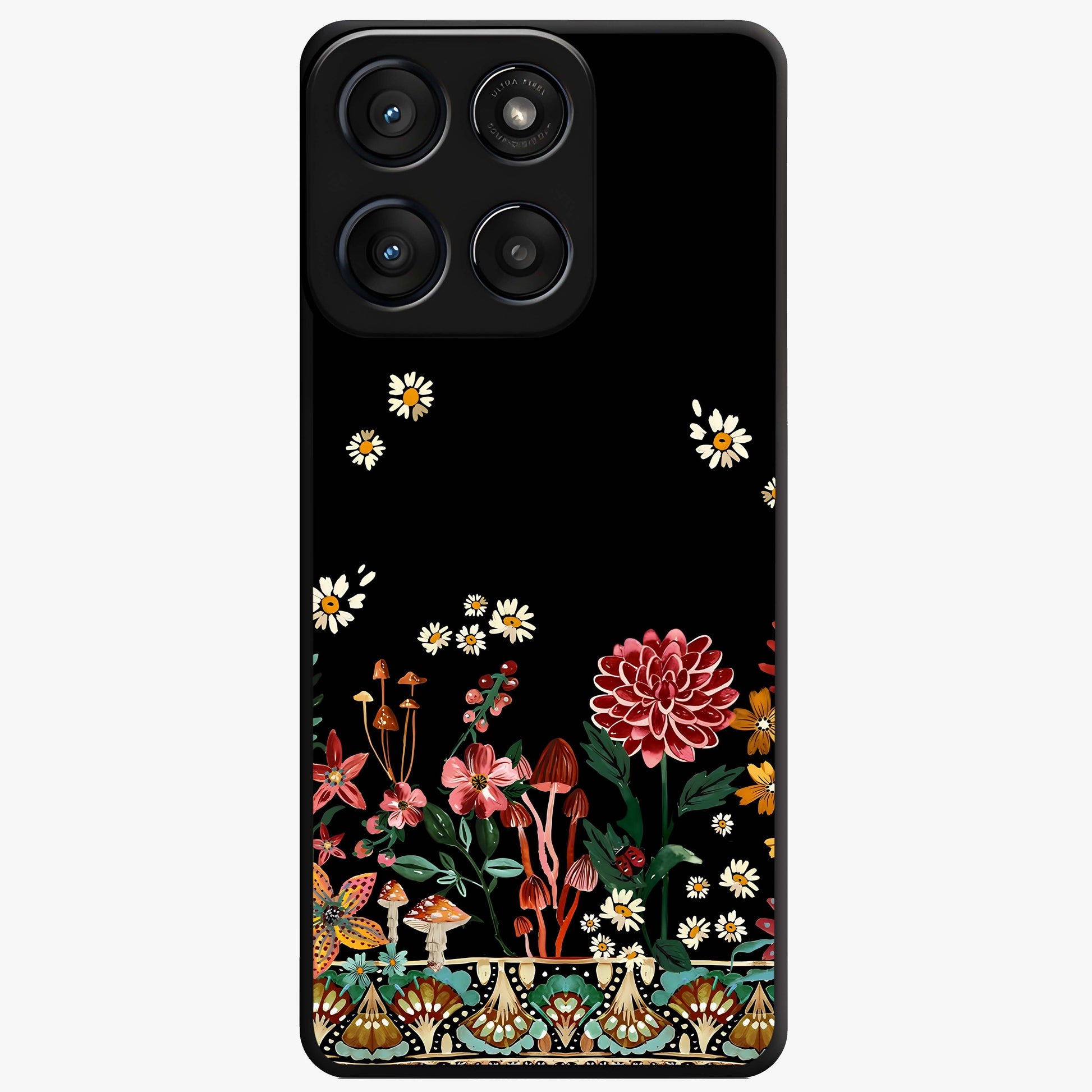 Midnight Bloom Pattern Glass Case showing flat back view with dark floral pattern artwork and glossy glass finish.
