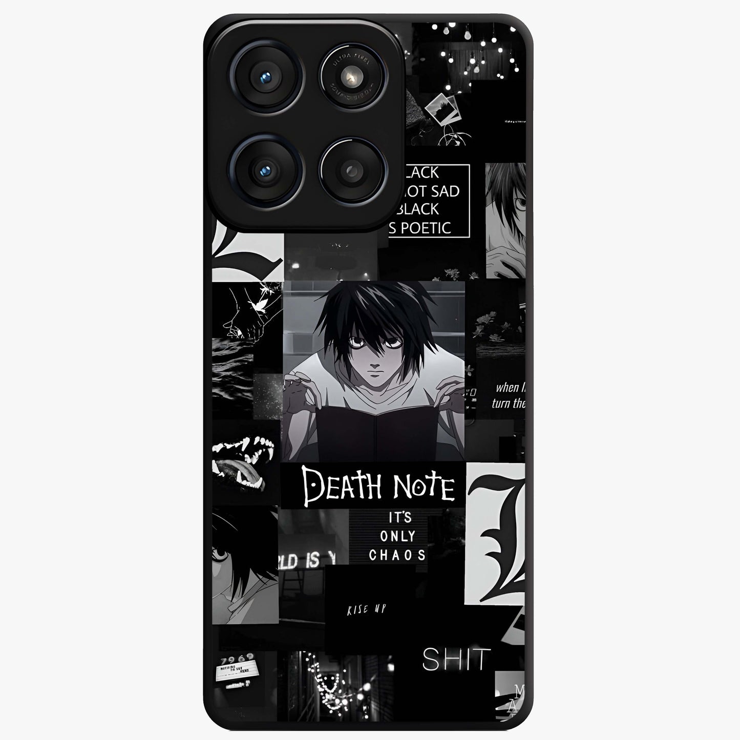 Midnight Chaos Mind Glass Case showing flat back view with abstract dark themed artwork and glossy glass finish.