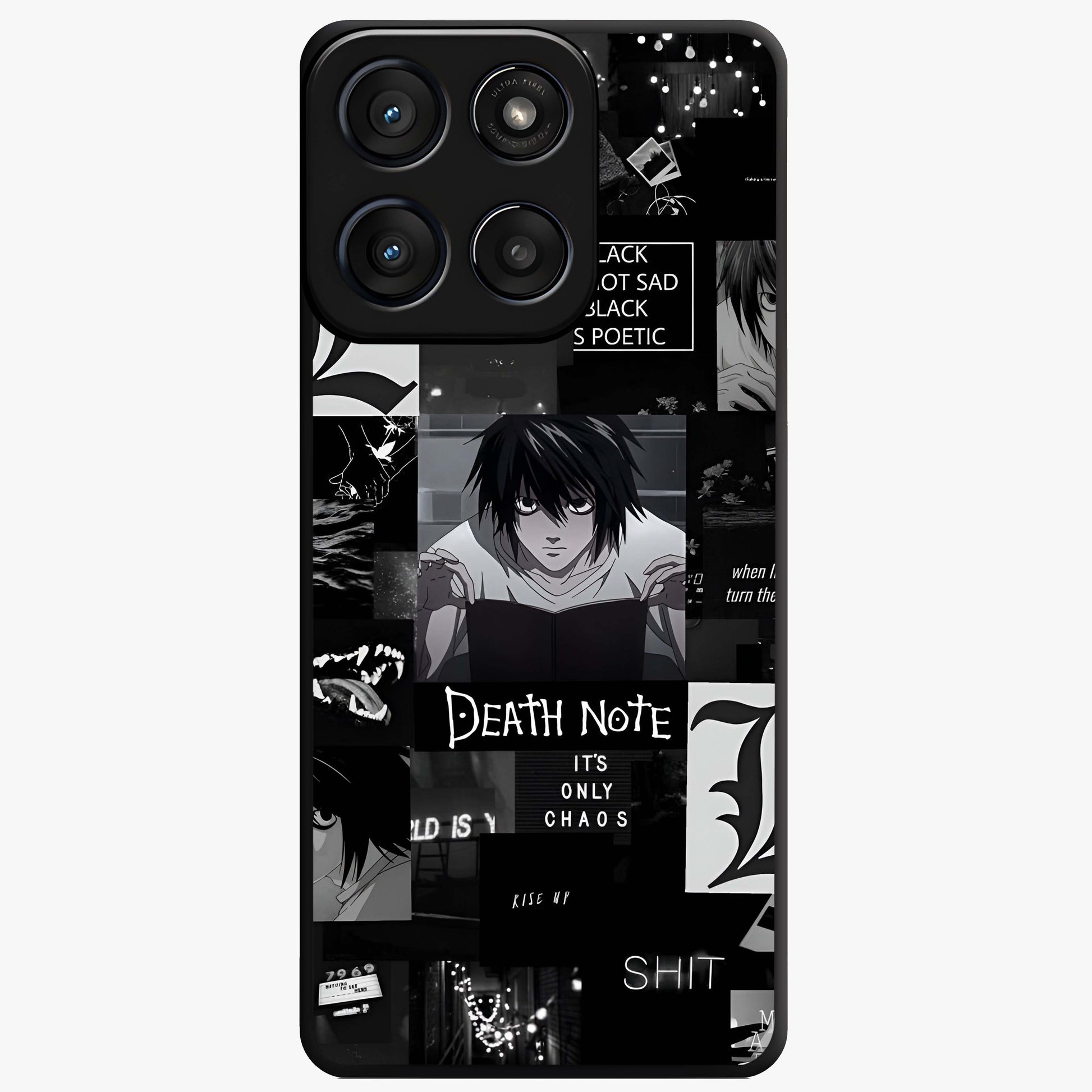 Midnight Chaos Mind Glass Case showing flat back view with abstract dark themed artwork and glossy glass finish.