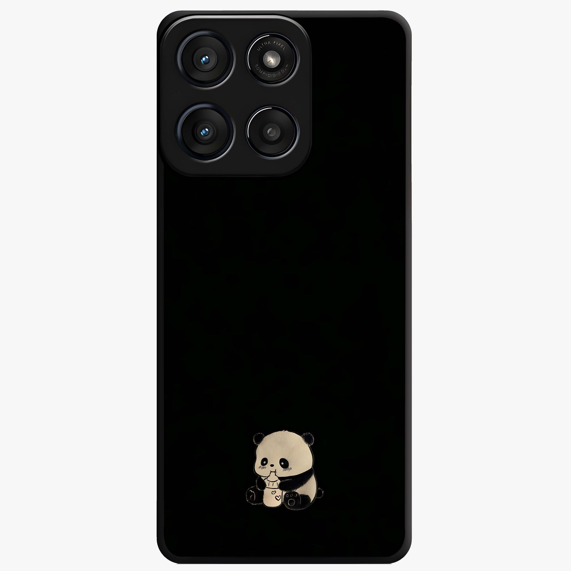 Midnight Panda Love Glass Case showing flat back view with cute panda themed artwork and glossy glass finish.