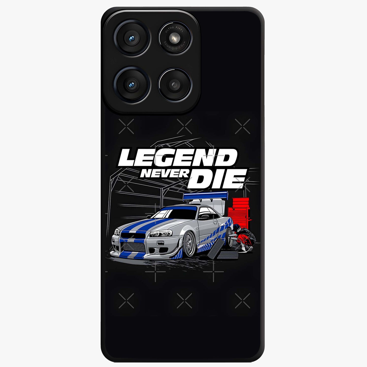 Midnight Racing Legacy Glass Case showing flat back view with sleek racing inspired artwork and glossy glass finish.