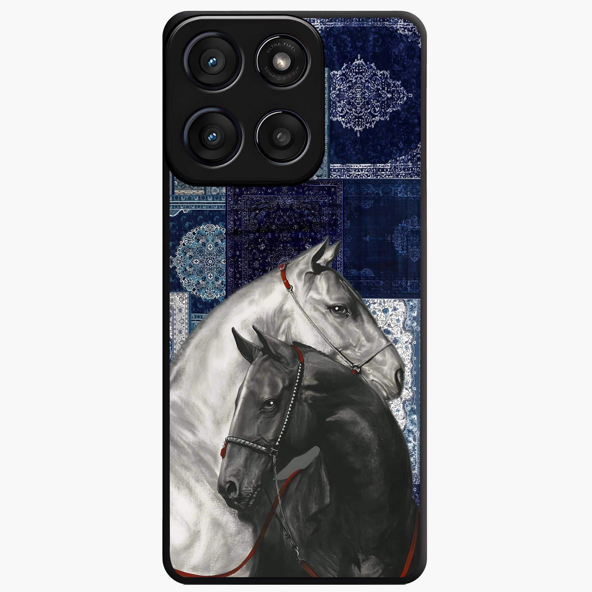 Midnight Stallion Blues Glass Case showing flat back view with majestic horse artwork and glossy glass finish.