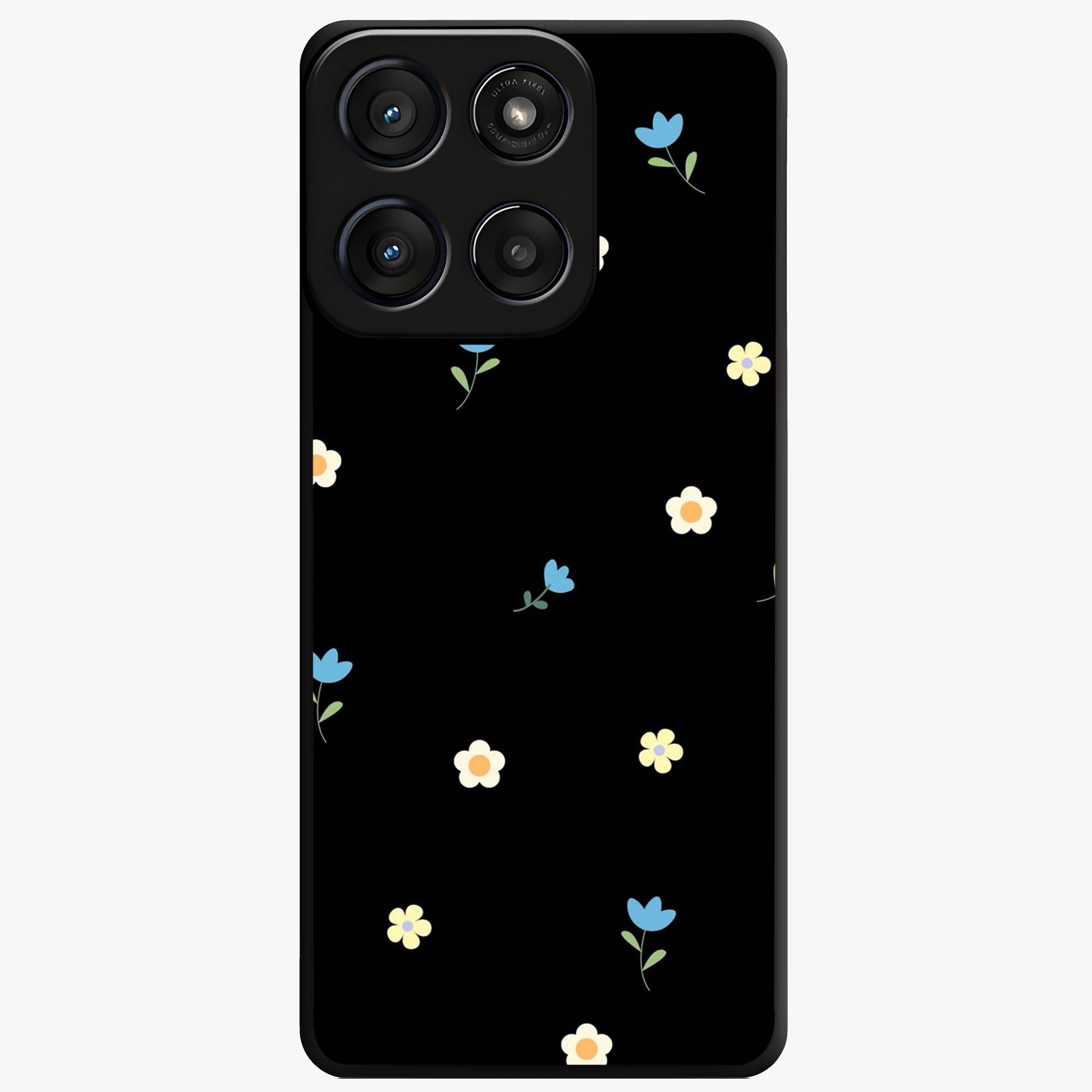 Minimalistic Blue With White Flower Pattern Glass Case showing flat back view with blue background and white flower pattern and glossy glass finish.