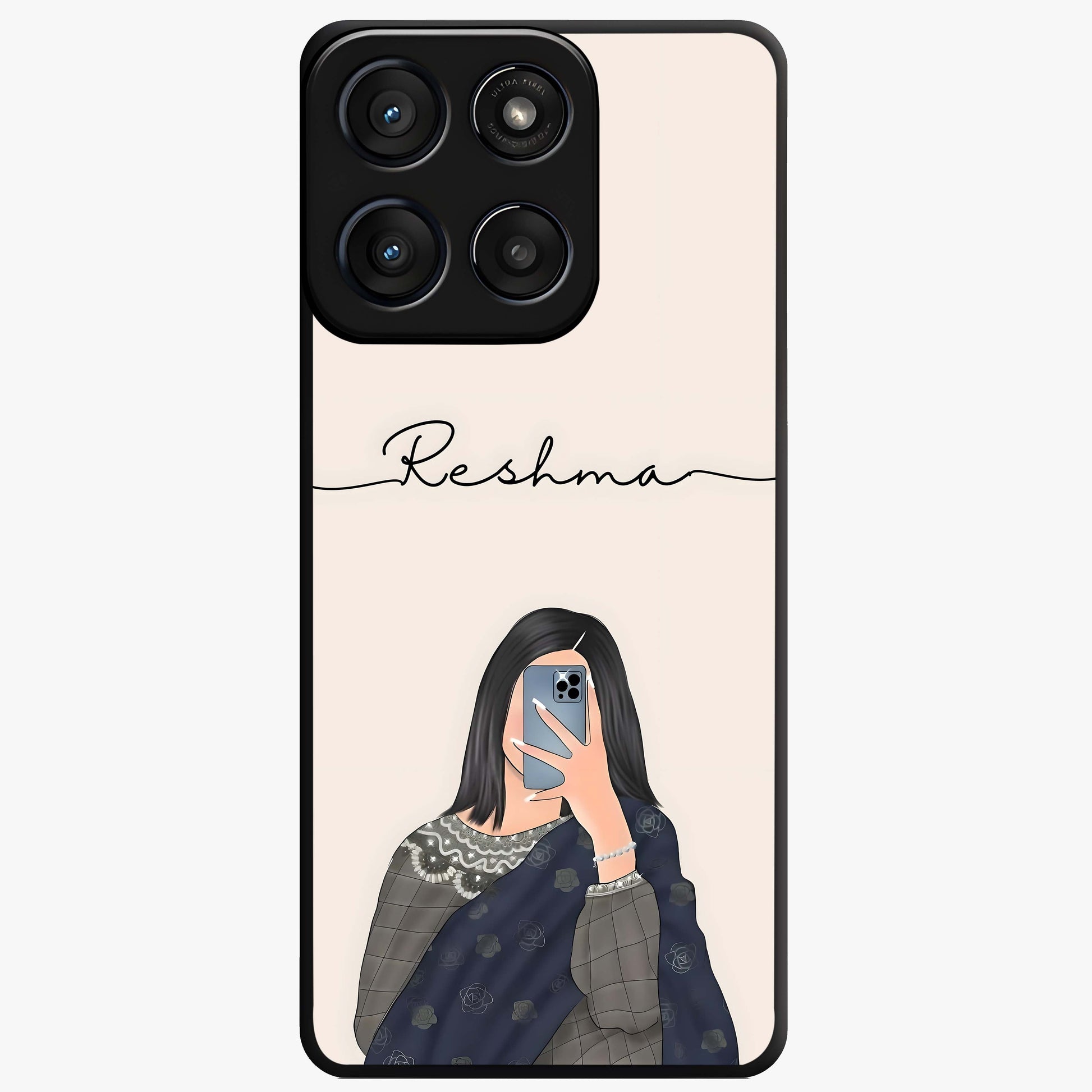 Mirror Mood Muse With Custom Name Glass Case showing flat back view with stylish mirrored artwork and personalized name design.