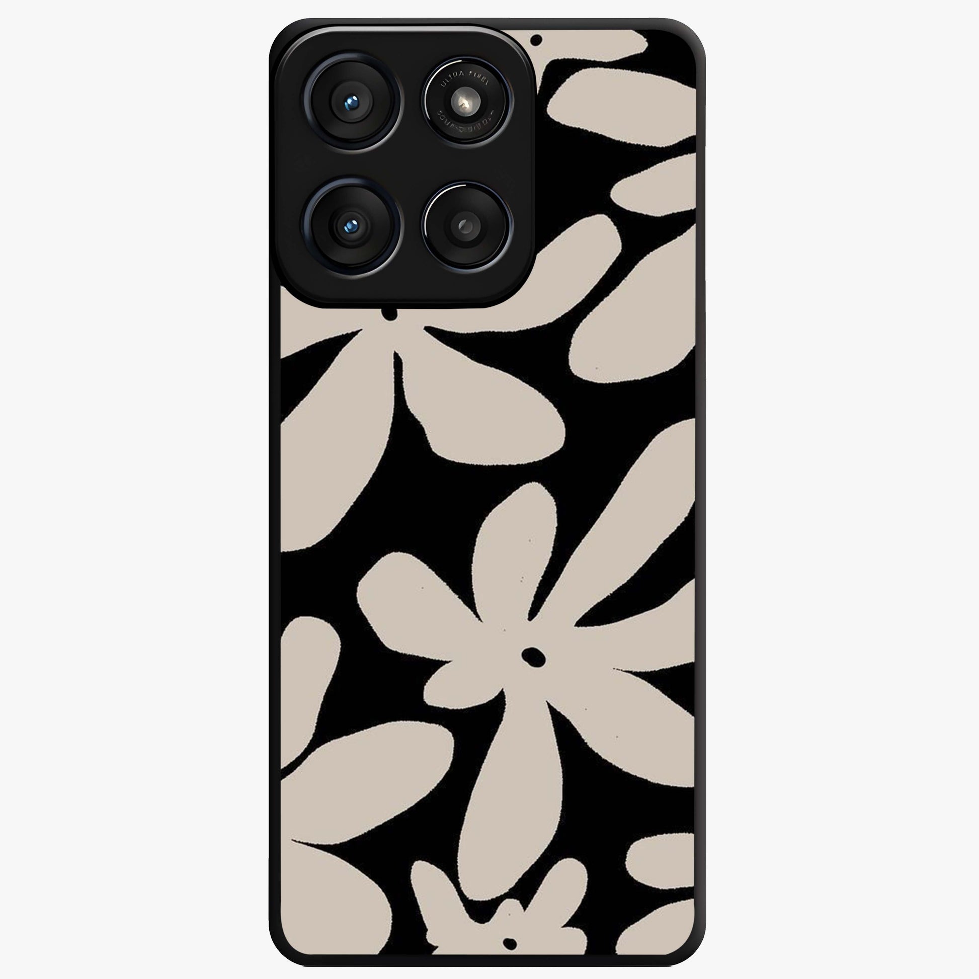 Monochrome Petal Dance Glass Case showing flat back view with monochrome floral artwork and glossy glass finish.