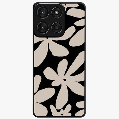 Monochrome Petal Dance Glass Case showing flat back view with monochrome floral artwork and glossy glass finish.