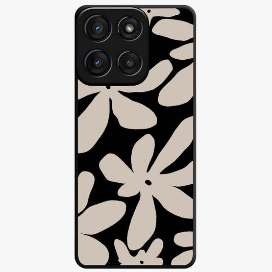 Monochrome Petal Dance Glass Case showing flat back view with monochrome floral artwork and glossy glass finish.