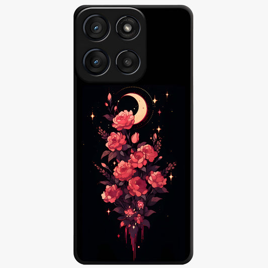 Moonlit Floral Elegance Glass Case showing flat back view with elegant floral artwork under moonlit tones and glossy glass finish.