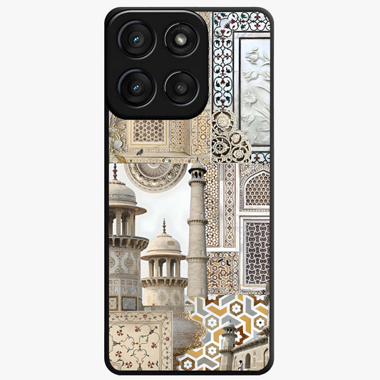 Mughal Marble Legacy Glass Case showing flat back view with intricate Mughal inspired marble pattern and glossy glass finish.