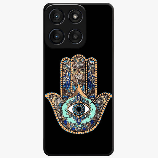 Mystic Hamsa Eye Glass Case showing flat back view with protective hamsa hand and evil eye artwork and glossy glass finish.