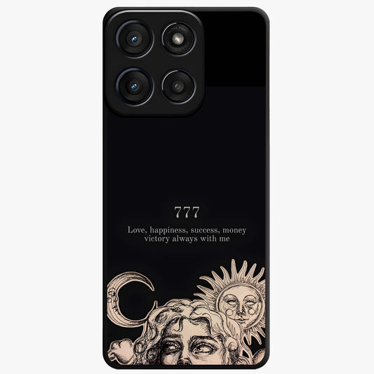 Mystic Victory Aura Glass Case showing flat back view with victory symbol artwork and glossy glass finish.