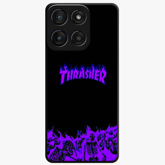 Neon Flame Riot Glass Case showing flat back view with neon flame artwork and glossy glass finish.