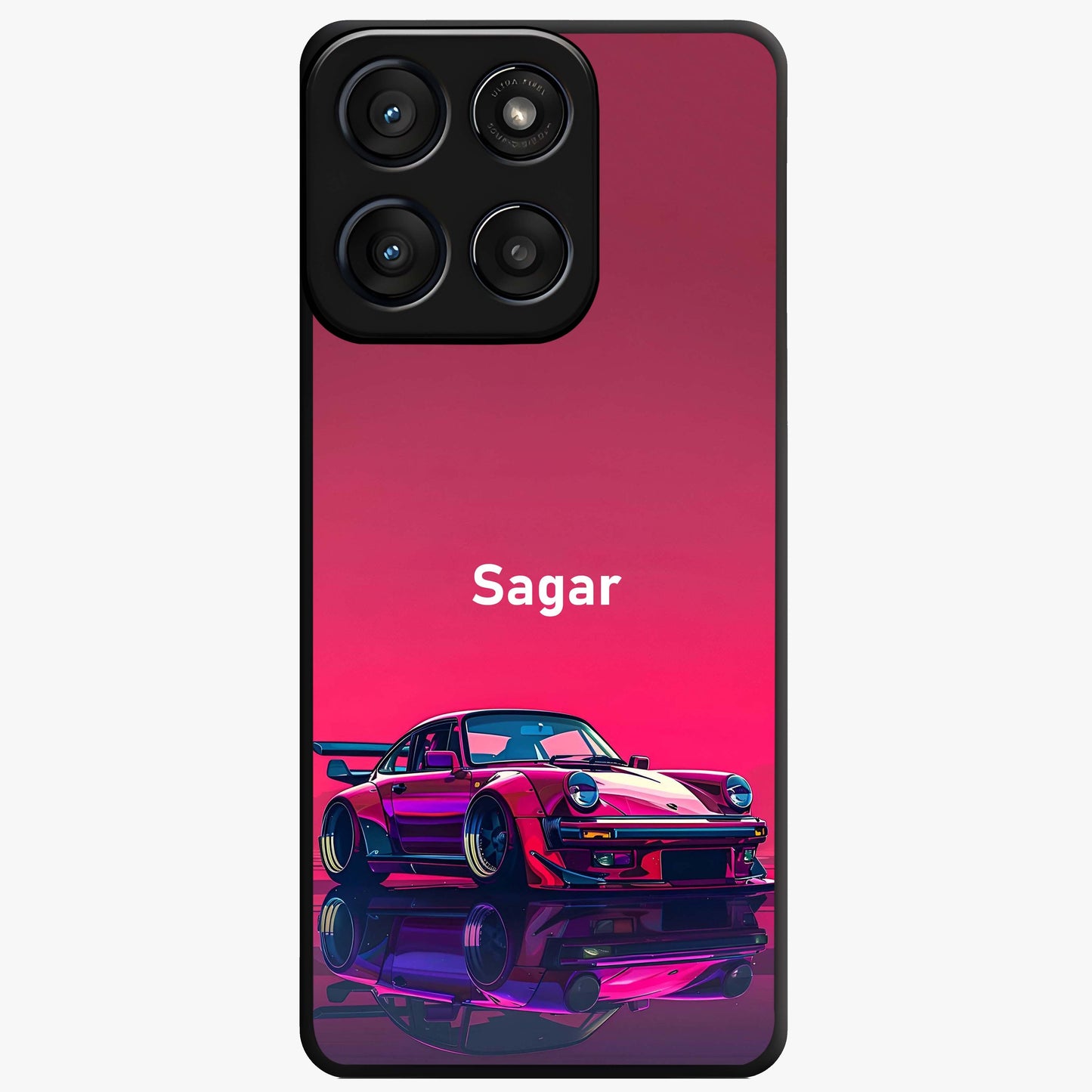 Neon Pink Porsche Glass Case showing flat back view with stylish sports car artwork and glossy glass finish.