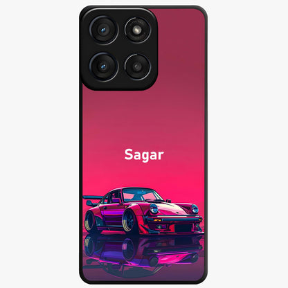 Neon Pink Porsche Glass Case showing flat back view with stylish sports car artwork and glossy glass finish.