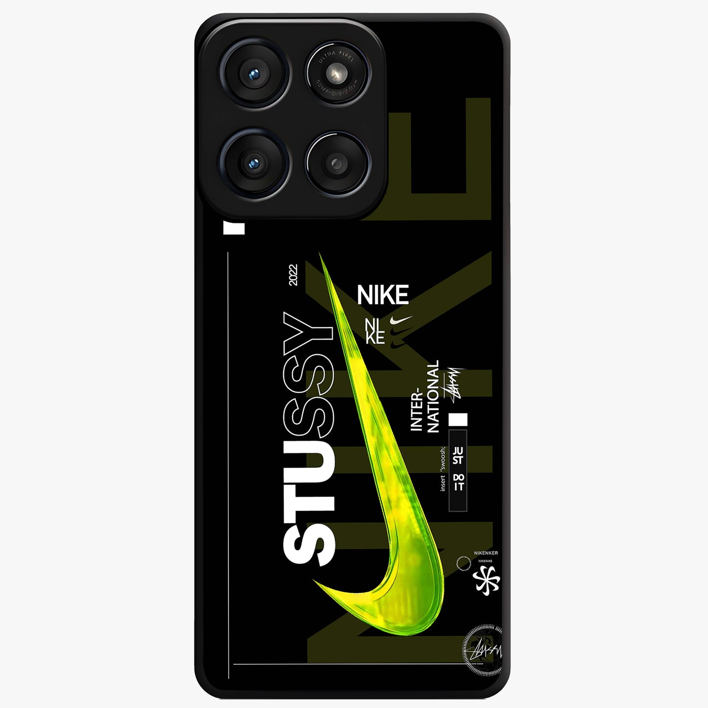 Neon Street Edition Glass Case showing flat back view with neon street style artwork and glossy glass finish.