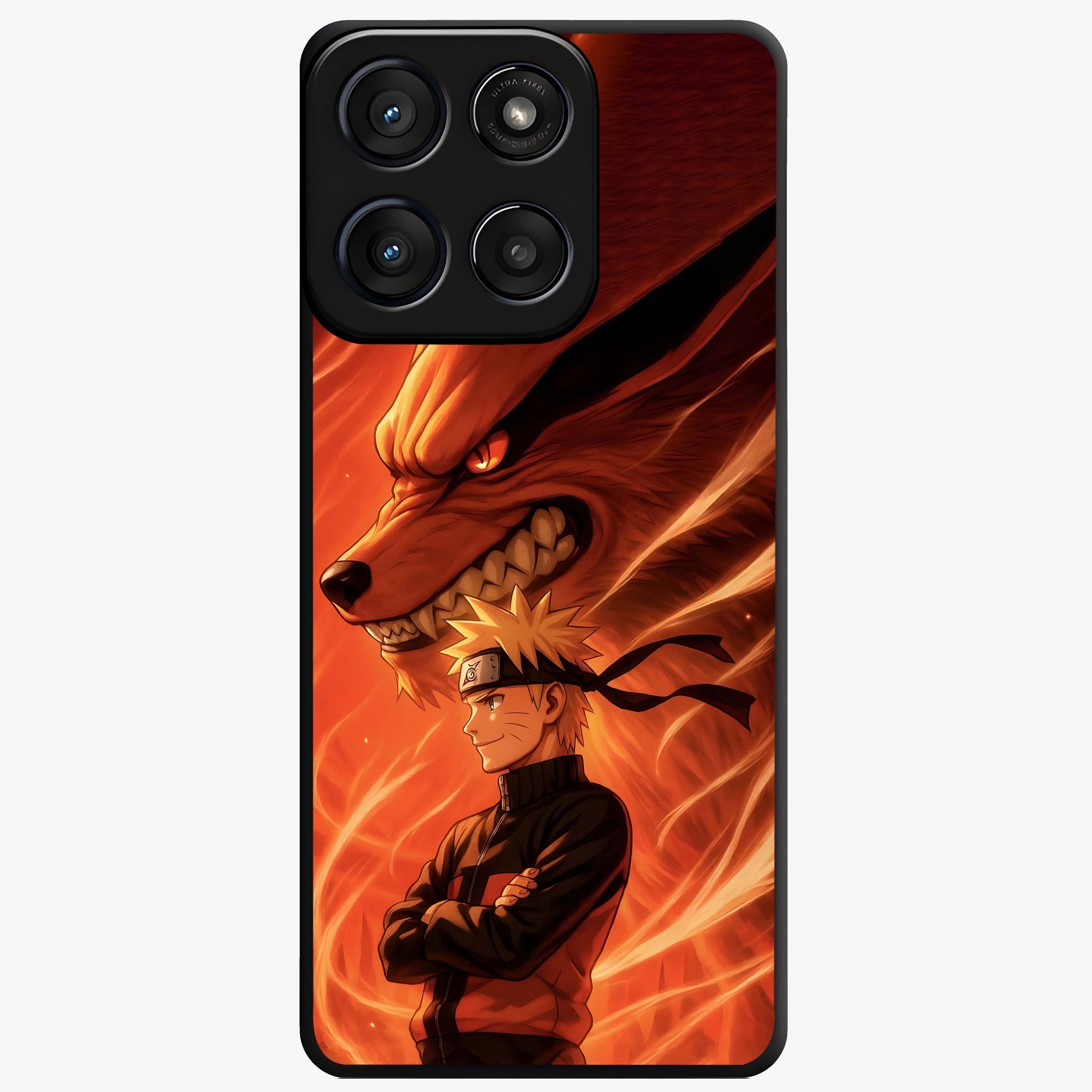 Nine Tails Legacy Glass Case showing flat back view with powerful nine-tailed fox inspired artwork and glossy glass finish.