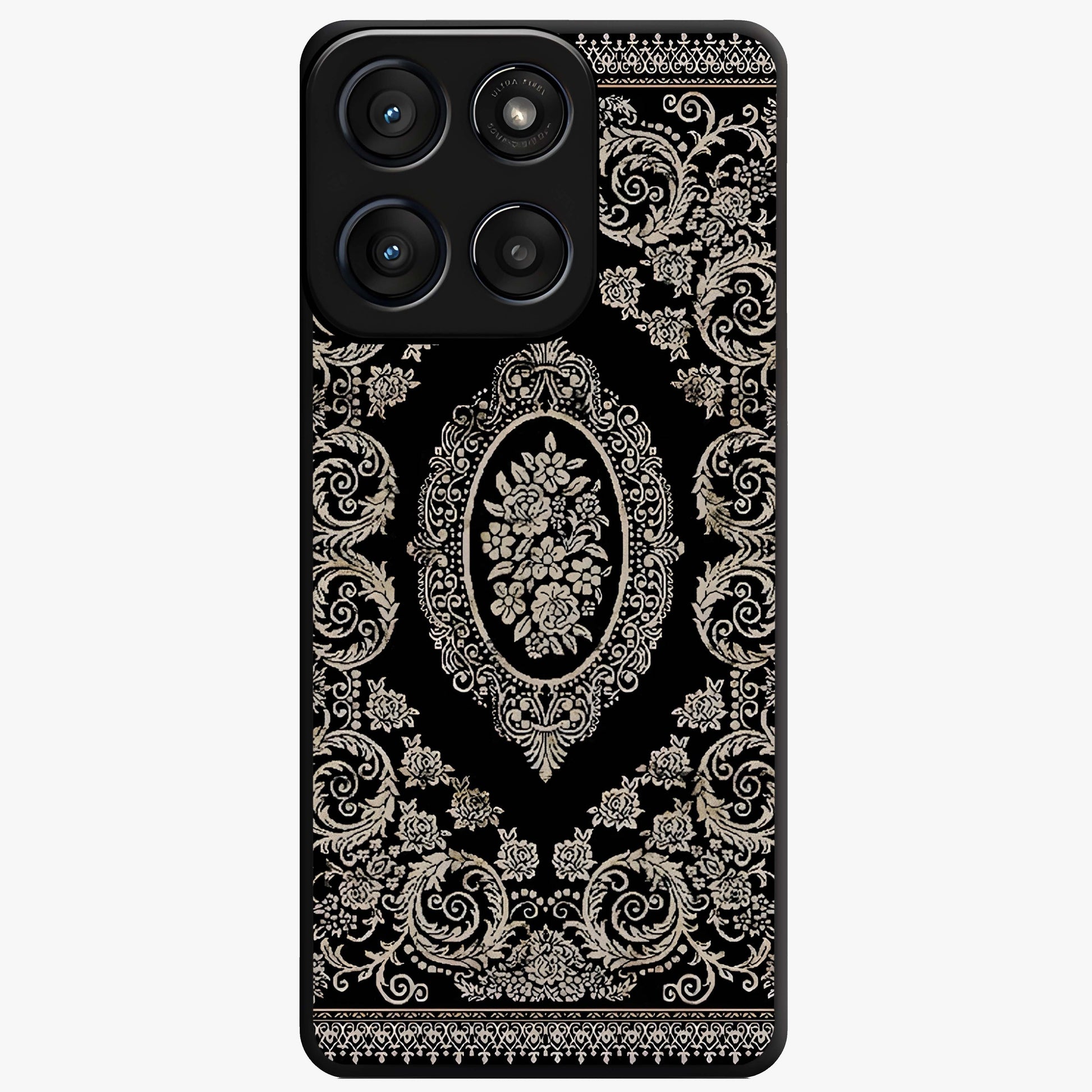 Noir Bloom Elegance Glass Case showing flat back view with elegant dark floral artwork and glossy glass finish.