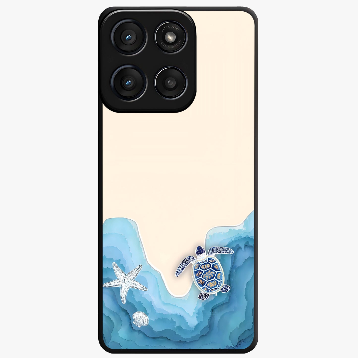 Ocean Drift Turtle Glass Case showing flat back view with sea turtle artwork and glossy glass finish.
