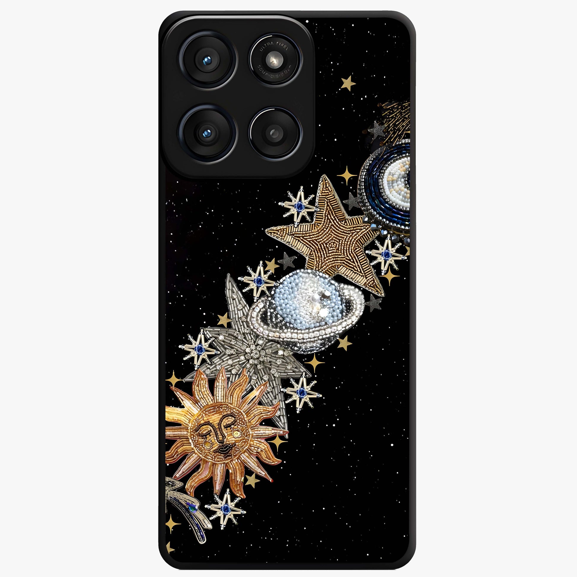 Pearls Universe Object Glass Case showing flat back view with pearl inspired cosmic artwork and glossy glass finish.