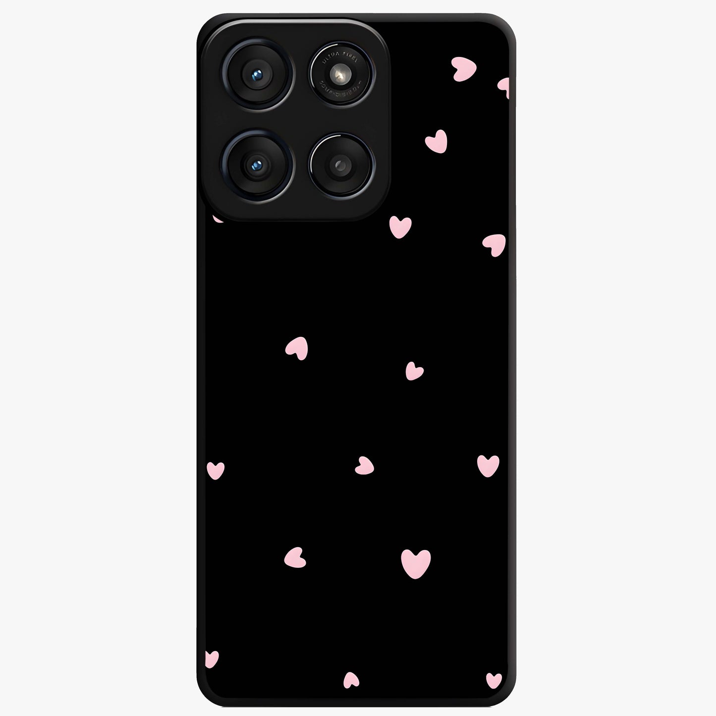 Pink Love Drops Glass Case showing flat back view with playful pink heart drops artwork and glossy glass finish.