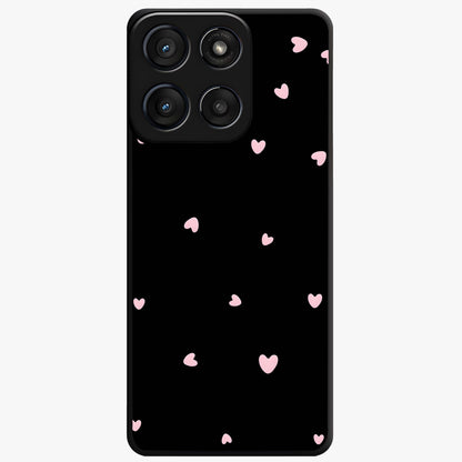 Pink Love Drops Glass Case showing flat back view with playful pink heart drops artwork and glossy glass finish.