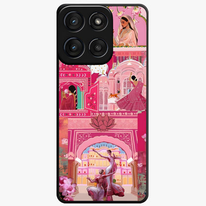 Pink Palace Muse Glass Case showing flat back view with elegant palace inspired artwork and glossy glass finish.