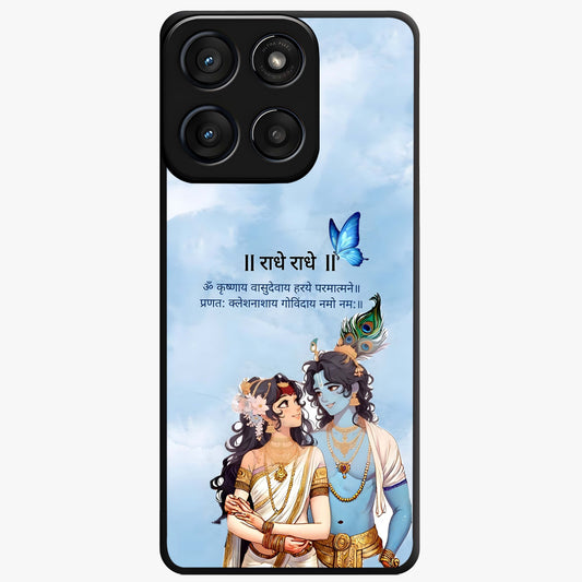 Radha Krishna Eternal Glass Case showing flat back view with Radha Krishna devotional artwork and glossy glass finish.