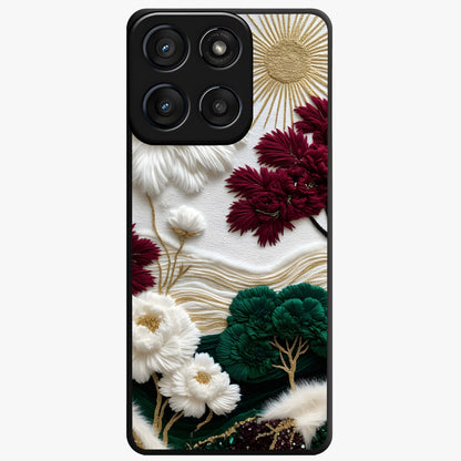 Radiant Bloom Elegance Glass Case showing flat back view with elegant blooming flower artwork and glossy glass finish.