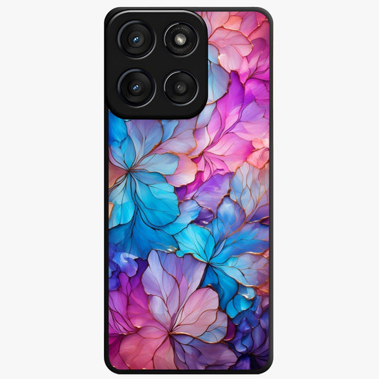 Radiant Floral Whirl Glass Case showing flat back view with swirling floral artwork and glossy glass finish.
